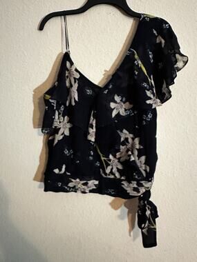 EUC Paige Chereen Silk Cold Shoulder Floral Ruffle Navy Blouse Size-S